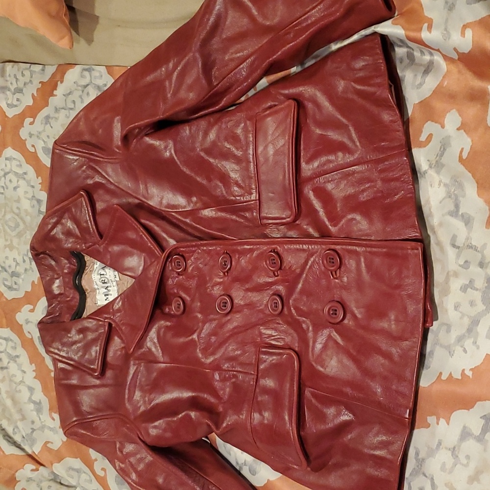 vintage lined cherry colored leather jacket